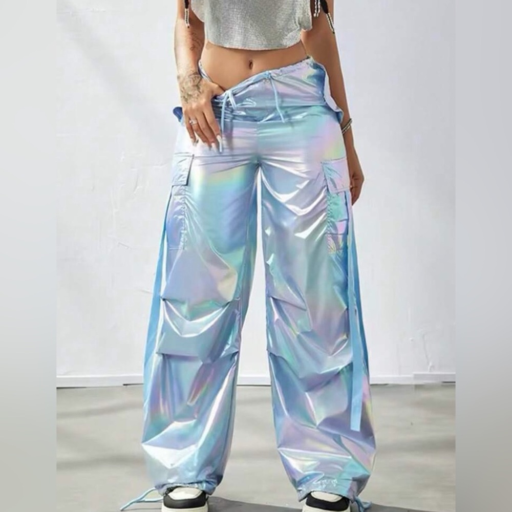 Women’s Y2K Holographic Parachute Pocket Cargo UFO Baggy Dance Pants - Picture 6 of 14